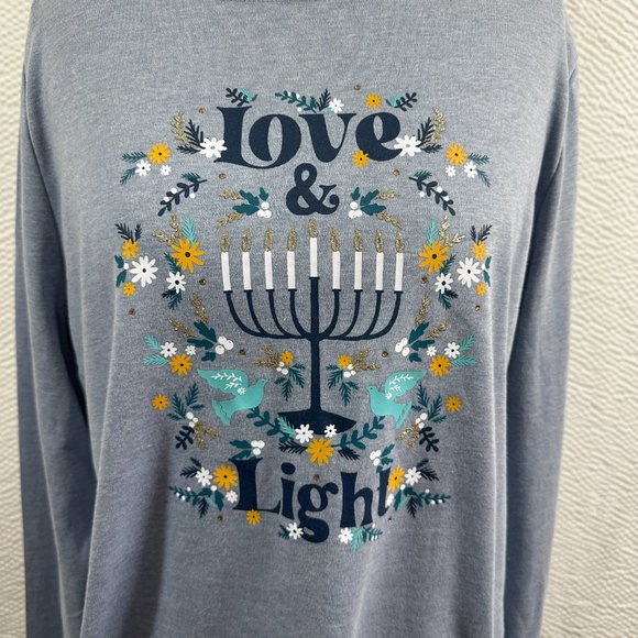 Croft & Barrow Classic Tee L/S Graphic Love & Light Hanukkah Top Blue Sz L - Picture 2 of 5